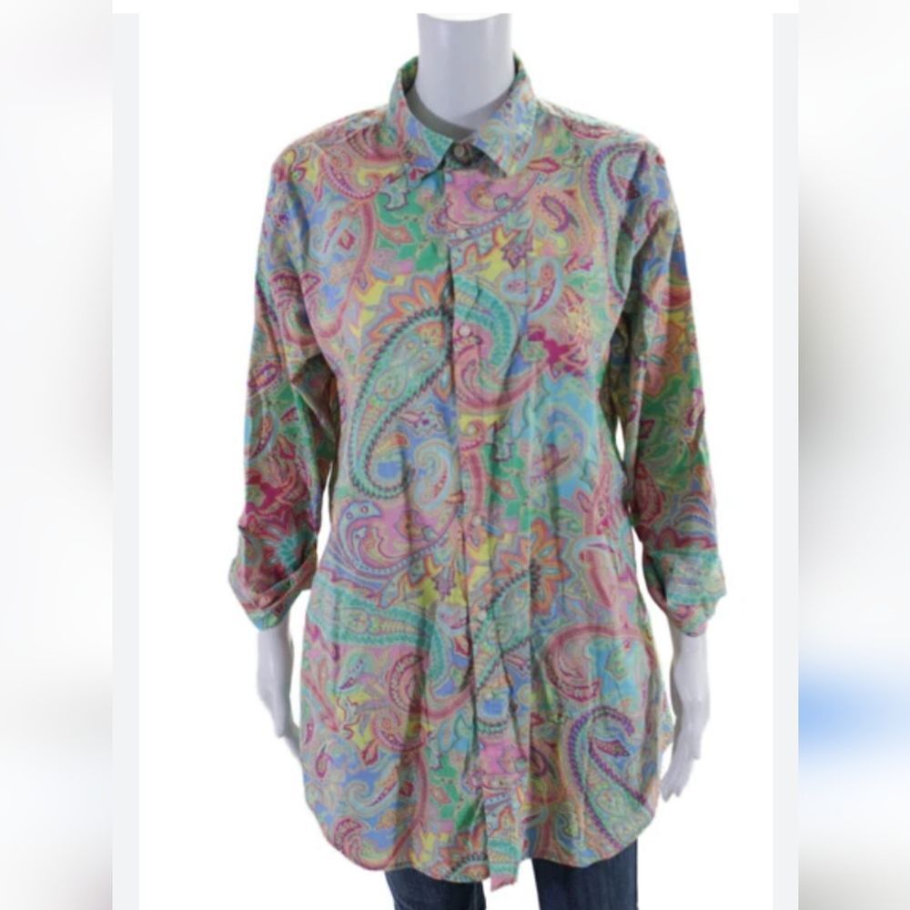 Lauren Ralph Lauren monogrammed pink and blue paisley print button front shirt M